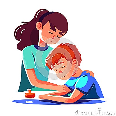 Cartoon drawing of a girl and brother doing homework. For your design Vector Illustration