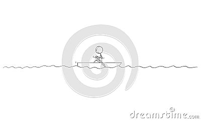 Cartoon Drawing of Lonely Man Paddling Alone in Small Boat in Center of Sea Vector Illustration