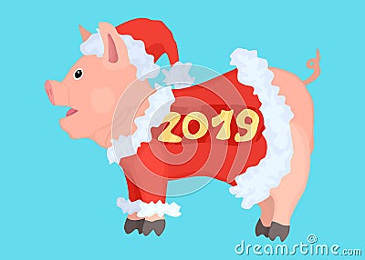 Cartoon drawing. New Year`s piglet dressed in a fur coat Stock Photo