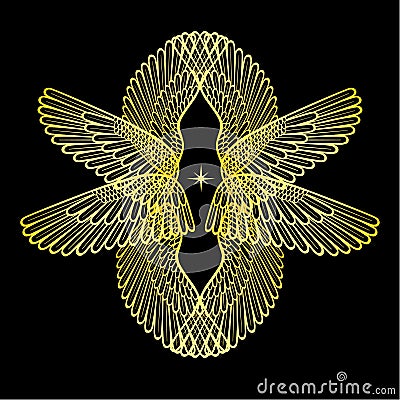 Cartoon drawing: set of gold transparent wings. Vector Illustration