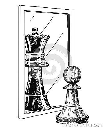 Cartoon Drawing of White Chess Pawn Reflecting in Mirror as Black King, Confidence Metaphor Vector Illustration