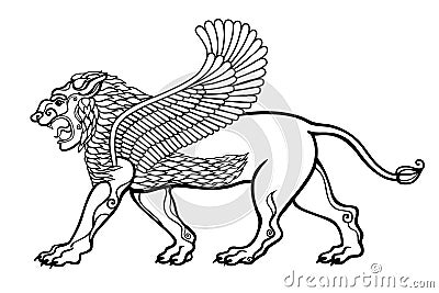 Cartoon drawing: winged lion, a character in Assyrian mythology. Vector Illustration