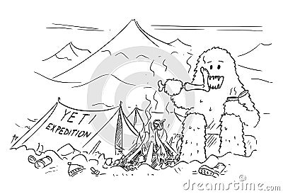 Cartoon Drawing of Yeti Who is Eating or Devouring Alpinist in Base Camp Vector Illustration