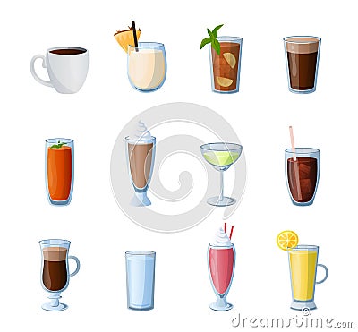 Cartoon drinks. Hot and cold beverages. Alcohol cocktails. Coffee or tea. Isolated glasses for lemonade. Milkshake and Vector Illustration