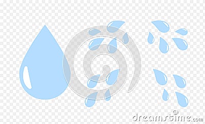 Cartoon drops. Water teardrop, aqua splashing to sides. Liquid drips and flat eye tear effect on transparent background Vector Illustration