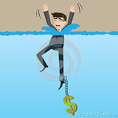 Cartoon drowning businessman with money chain on his leg Vector Illustration