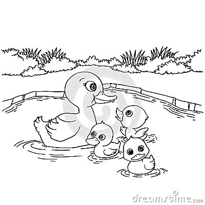 Cartoon duck lake coloring page vector Vector Illustration