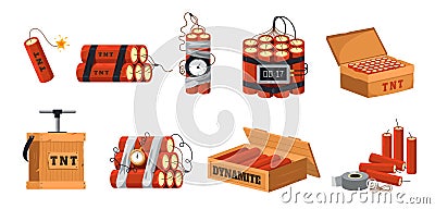 Cartoon dynamite. Military explosive with timer, detonator and fuse, dangerous blasting tool for mining and construction Vector Illustration