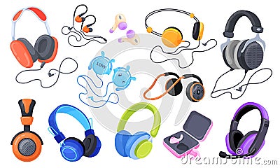Cartoon earbuds. Wireless modern earphone or wired dj headphone, funky earbuds with mic for listening radio stereo music Vector Illustration