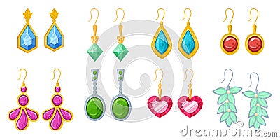 Cartoon earrings. Precious gemstones, beads and pearls earrings, glamorous jewelry flat vector illustration set on white Vector Illustration