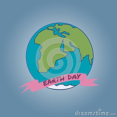 Cartoon Earth Day Illustration. Planet on blue background, Text on pink ribbon. Vector Illustration