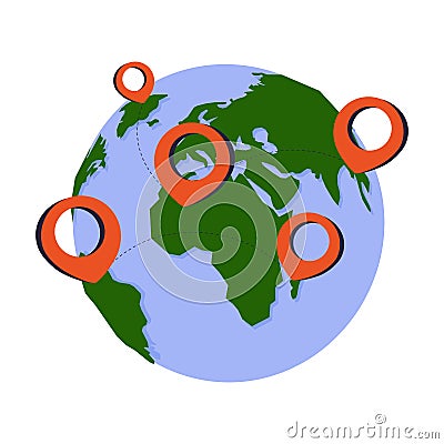 Cartoon earth globe with pinpoints online deliver service, delivery tracking, pin location point marker of shipment map Vector Illustration