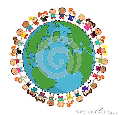 Cartoon earth with kids Vector Illustration