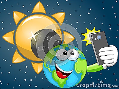 Cartoon Earth selfie solar eclipse Vector Illustration