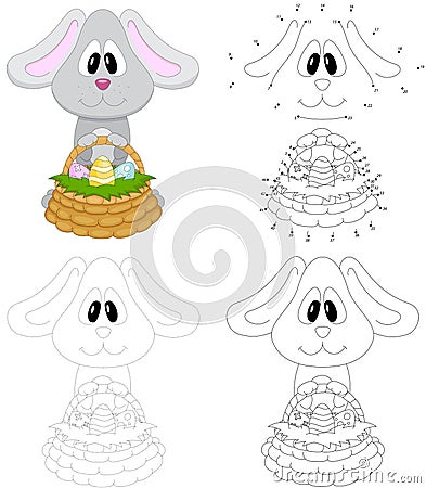 Cartoon easter bunny with basket of eggs. Dot to dot game for kids Vector Illustration