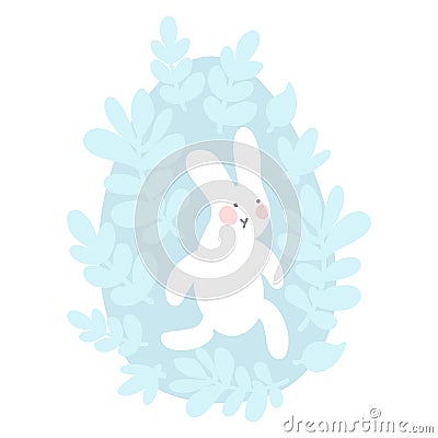 Cartoon Easter Bunny and Cute Chick Egg with leaves and branches. Easter or Nursery Vector Illustration. Soft grey and blue pastel Stock Photo