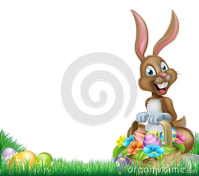 Cartoon Easter Bunny Egg Basket Vector Illustration