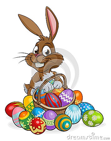 Cartoon Easter Bunny with Eggs Basket Vector Illustration