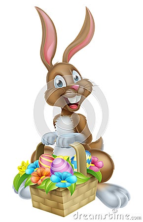 Cartoon Easter Bunny Rabbit with Eggs Basket Vector Illustration