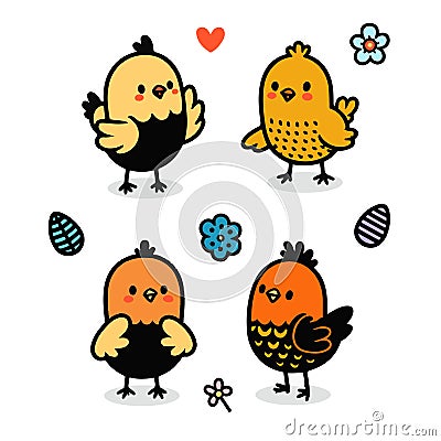 Cartoon Easter chicks. Cute baby farm birds with yellow feathers. Isolated newborn poultry, vector set Stock Photo