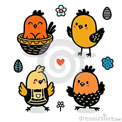Cartoon Easter chicks. Cute baby farm birds with yellow feathers. Isolated newborn poultry, vector set Vector Illustration