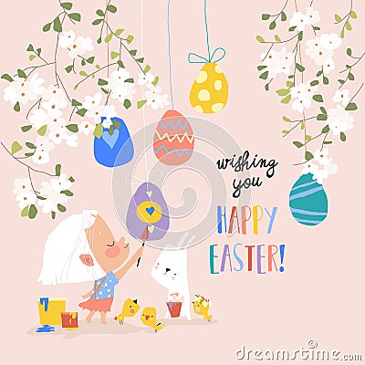 Cartoon Easter illustration with girl, rabbit and easter eggs Vector Illustration