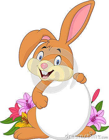 Cartoon Easter rabbit holding white egg Vector Illustration