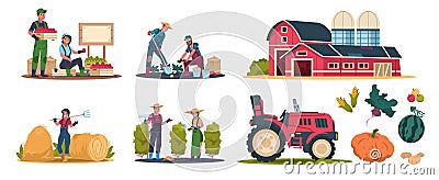 Cartoon eco farming. Agricultural workers doing farming job, cropping and selling organic products. Rural work vector Vector Illustration