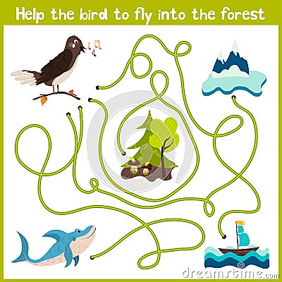 Cartoon of Education will continue the logical way home of colourful animals. Help the bird Nightingale to get home in the wild fo Cartoon Illustration