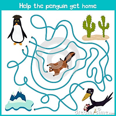 Cartoon of Education will continue the logical way home of colourful animals. Help this cute penguin to get home in the cold Arcti Cartoon Illustration
