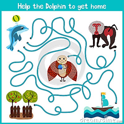 Cartoon of Education will continue the logical way home of colourful animals. Help little Dolphin to swim home in the ocean. Match Cartoon Illustration