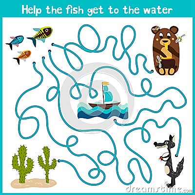 Cartoon of Education will continue the logical way home of colourful animals. Help the little fish to swim home in the sea. Matchi Cartoon Illustration
