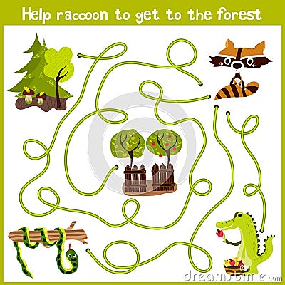 Cartoon of Education will continue the logical way home of colourful animals. Help little raccoon to get home in the wild forest. Cartoon Illustration