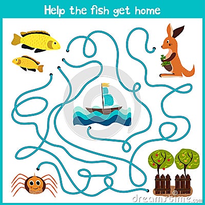 Cartoon of Education will continue the logical way home of colourful animals. Help the little yellow fish swim home into the ocean Cartoon Illustration