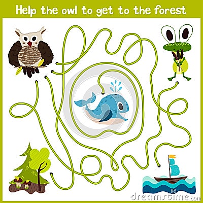 Cartoon of Education will continue the logical way home of colourful animals.Help the owl to fly home in the wild forest and not g Cartoon Illustration