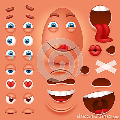 Cartoon egg 3d smiley face vector character creation constructor. Emoji with emotions, eyes and mouthes set. Vector Illustration