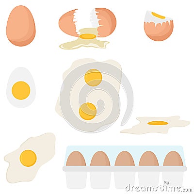 Cartoon egg isolated on white background. Set of fried, boiled, half, Crack eggs with yolks set. Baking and cooking Ingredients. Stock Photo