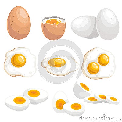 Cartoon eggs set. Whole, fresh, boiled, fried, double eyed eggs. Single and group. Sliced and whole. Vector illstrations Vector Illustration