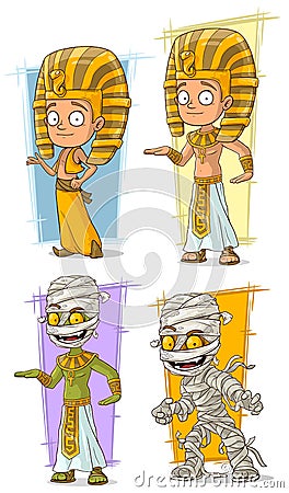 Cartoon egyptian young pharaoh and mummy character vector set Vector Illustration