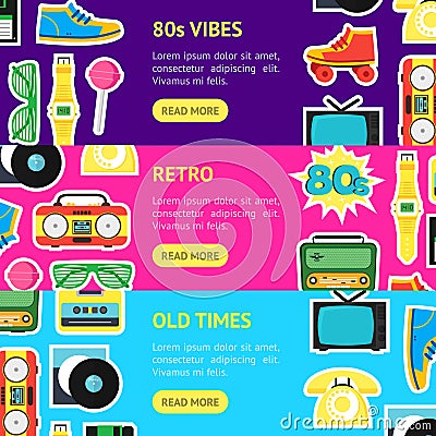 Cartoon Eighties Style Symbol Banner Horizontal Set. Vector Vector Illustration