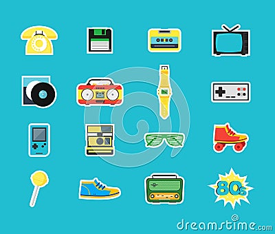 Cartoon Eighties Style Symbol Color Icons Set. Vector Vector Illustration