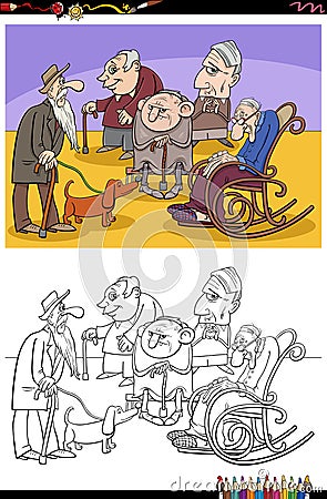 Cartoon elder men or seniors group coloring page Vector Illustration