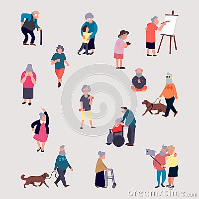 Cartoon elderly men and women performing outdoor activities on city street. Large set senior male and female recreation Vector Illustration
