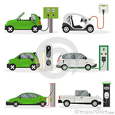 Cartoon Electric Car Different Design Icon Set. Vector Vector Illustration