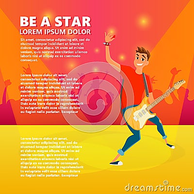 Cartoon electric guitar player. Teenage guitarist shows hand up. Vector illustration of young person holding guitar Vector Illustration