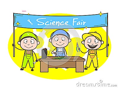 Cartoon Electrician Students Doing Experiments in Science Fair Stock Photo