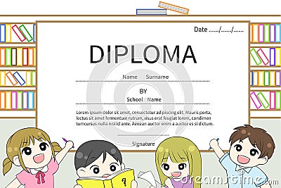 Cartoon elementary school children Diploma certificate vector Vector Illustration
