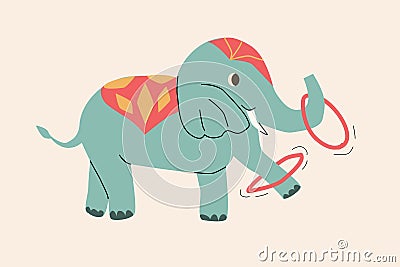 cartoon elephant circus with rings in retro colors Vector Illustration