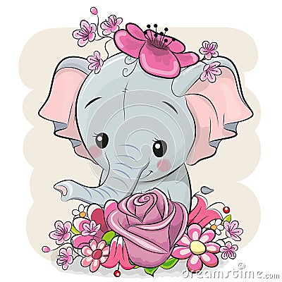 Cartoon Elephant with flowerson a white background Vector Illustration