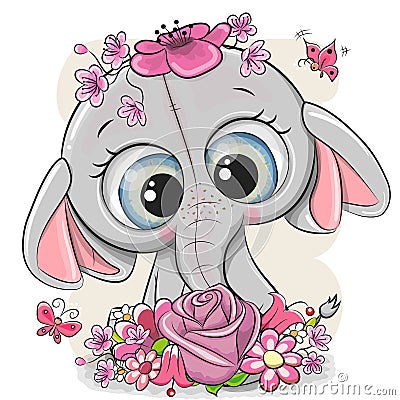 Cartoon Elephant with flowerson a white background Vector Illustration